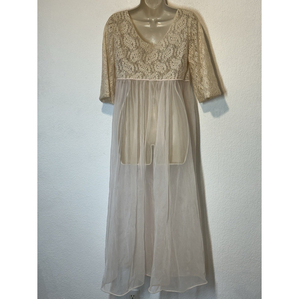 Vtg Lisette By Al Sterling Open Robe Nightgown Beige Lace Top Pink Chiffon 36 - Picture 4 of 8